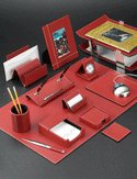 Red Stitched Leather Desk Accessories Set with Chrome-Plated Brass Accents